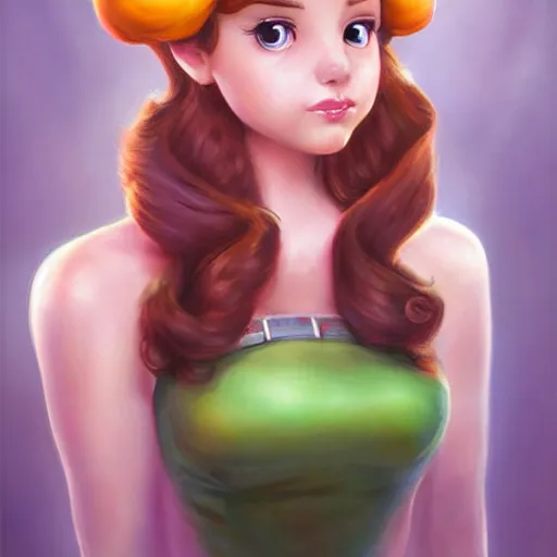 Image similar to princess daisy from super mario as realistic cute brunette human character art portrait, matte fantasy painting, deviantart artstation, by jason felix by steve argyle by tyler jacobson by peter mohrbacher, cinema c 9. 0