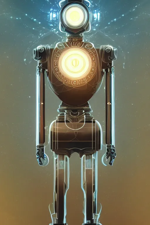 Image similar to ultradetailed ornate retro-future illustration of a robot radiating glowing aura, fully clothed with an art deco costume, digital airbrush painting, 3d rim light, hyperrealistic masterpiece, artstation, cgsociety, golden ratio