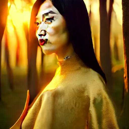 Prompt: innovative avant - garde art, deco fashion, asian women, highly detailed, photorealistic portrait, serene forest setting, golden hour, crisp quality and light reflections, octane render