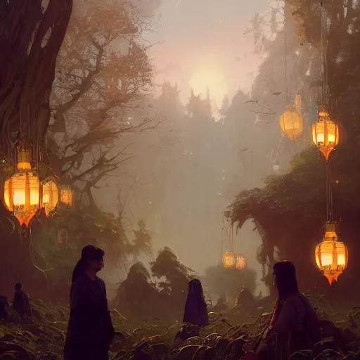 Image similar to Concept art, Sky lanterns by gingko trees, 8k, by james gurney, greg rutkowski, and john howe, background by alphonse mucha, artstation