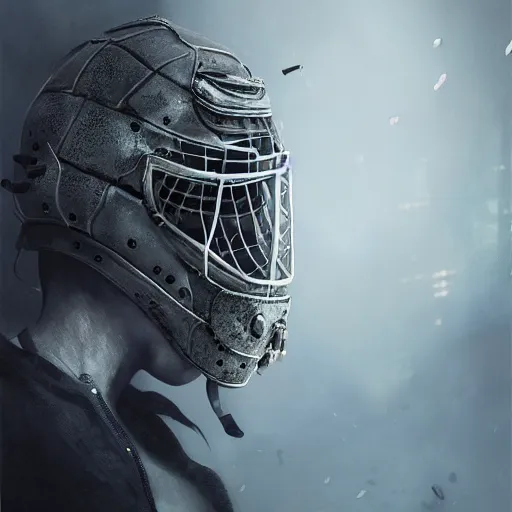 Image similar to Very very very very highly detailed epic central composition studio photography of face with hockey mask, intricate, dystopian, sci-fi, extremely detailed, digital painting, artstation, concept art, smooth, sharp focus, illustration, intimidating lighting, incredible art by Anna Dittmann and Anton Pieck