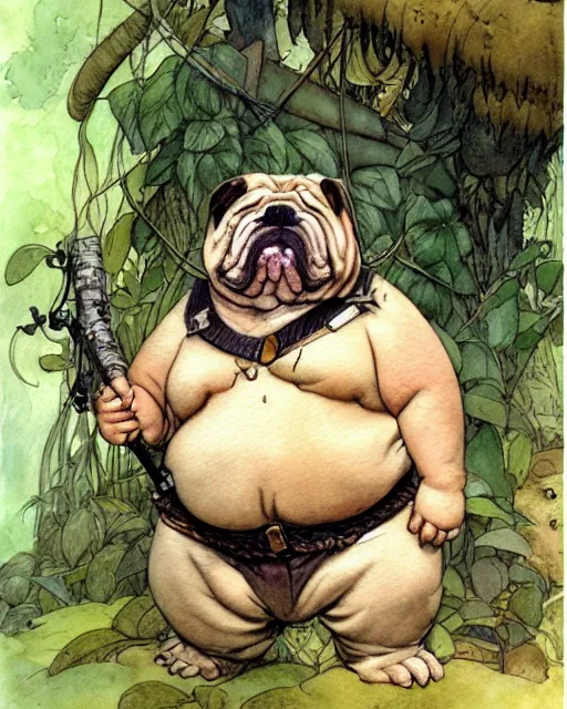 Image similar to a realistic and atmospheric watercolour fantasy character concept art portrait of a fat adorable chibi bulldog soldier in the jungle, by rebecca guay, michael kaluta, charles vess and jean moebius giraud