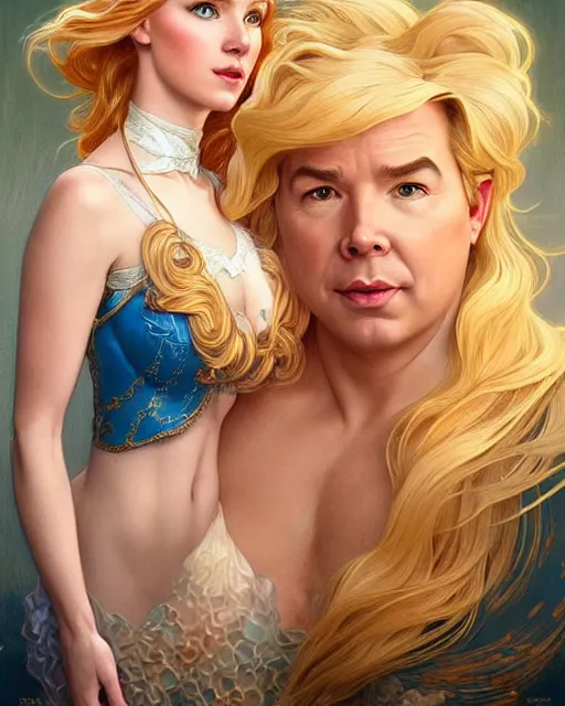 Prompt: Portrait of a  blonde lady and Michael mcintyre as characters in the Little Mermaid,real life skin, intricate, elegant, highly detailed, artstation, concept art, smooth, sharp focus, art by artgerm and greg rutkowski and alphonse mucha