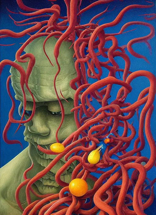 Prompt: hyper detailed Oil painting - Jimmy Carr Eats of the Strangling Fruit and His gossamer polyp blossoms bring iridescent fungal flowers whose spores black the foolish stars by Jacek Yerka, Mariusz Lewandowski, Abstract brush strokes, Masterpiece, Edward Hopper and James Gilleard, Zdzislaw Beksinski, Mark Ryden, Wolfgang Lettl, hints of Yayoi Kasuma