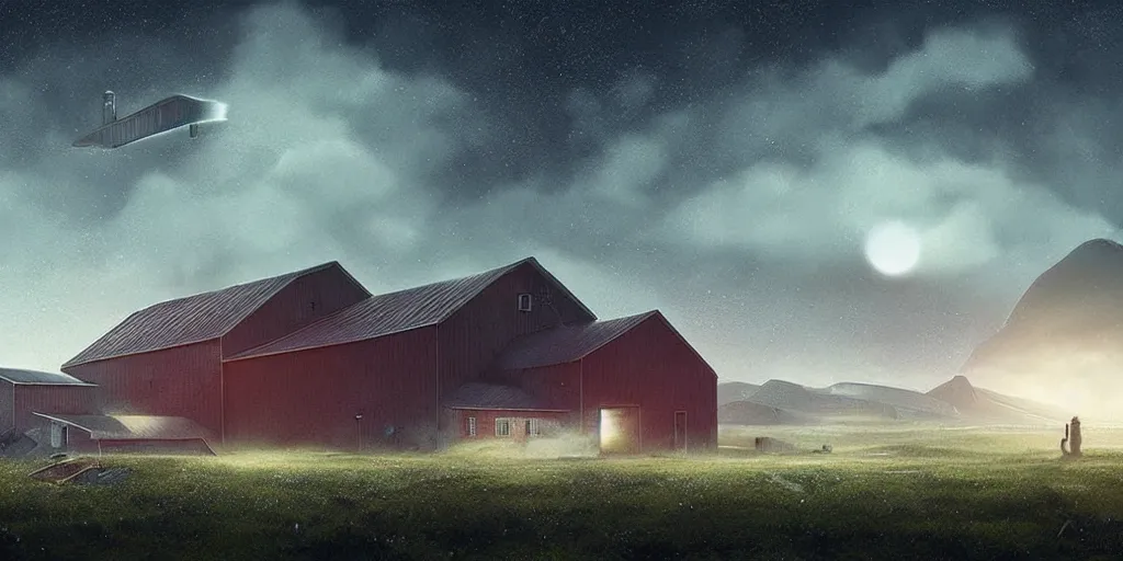 Prompt: In the north of Norway, a large spaceship flies far above a farm with a farmhouse and a stable, dreamy misty matte painting dystopian sci-fi digital art in the style of Simon Stalenhag, featured on Artstation