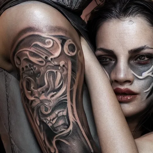 Image similar to Hot young woman, grey skin, tattoos, wearing leather and **platonically cuddling** a humanoid in a shroud and mask concept art