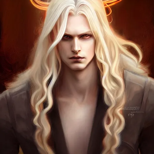 Image similar to digital art of a pale menacing male Cyborg Angel of Battle with long blond curls of hair and piercing eyes, johan liebert mixed with Dante, central composition, he commands the fiery power of resonance and wrath, very very long blond curly hair with bangs!!!, baroque curls, by Ross Tran Rossdraws and WLOP, Artstation, CGsociety