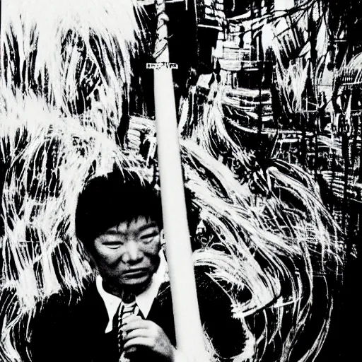 Image similar to A wizard waves his staff at a gangster, frantic, chaotic, ethereal, b&w, are-bure-boke!!!!!!!!, by Daido Moriyama!!!!!!