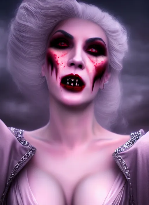 Prompt: realistic matte painting, full length portrait, the vampire duchess of blood owns las vegas at night, fangs, pale, confidant, highly detailed, CGsociety, concept art, HDR, hyper realistic, volumetric lighting, subsurface scattering, unreal,