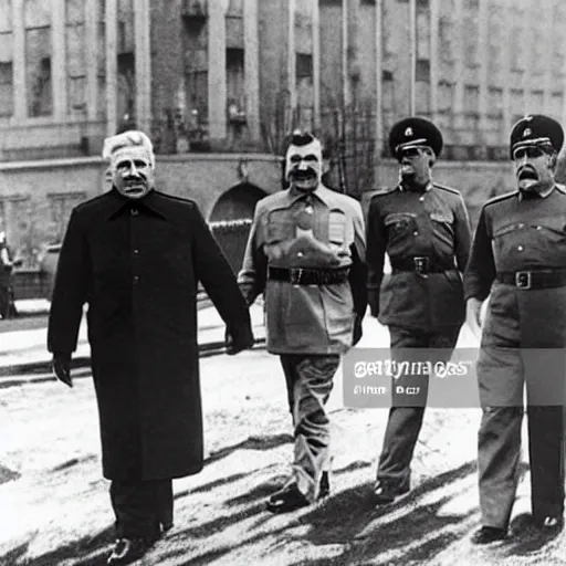 Prompt: stalin holding hands with trump, news photo