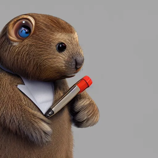 Image similar to cute anthro brown marmot in a suit while holding a pencil, cartoon, digital art, 3 d rendered in octane, pixar character, blender, maya, shadows, lighting