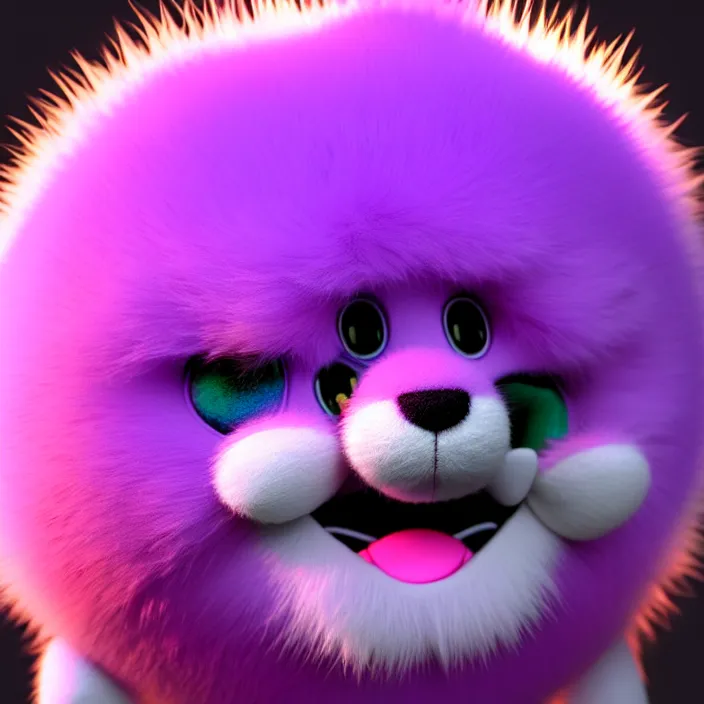 Image similar to high quality 3 d render hyperrealistic very cute big spherical smile emoticon, whiskers, plush mascot, short spiky colorful dense fluffy smooth fur 1 cm long, psychedelic lighting, 1 5 0 mm, smooth background, artstation, elegant, ultra detailed, octane render