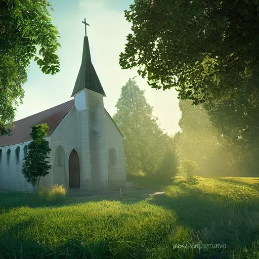 Image similar to church covered with vegetation volumetric lighting unreal engine vray tilt shift sun rays matte painting hyperrealism deviantart 8 k 3 d