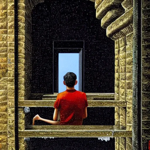 Prompt: young person looking through water wall, with clear glass, melancholic, sad, lots of raindrops, detailed, cinematic, dramatic lighting, by rob gonsalves