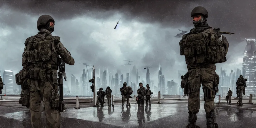 Image similar to close up photograph of private military company operatives standing outside immigration check point with severe wind storm dubai, cinematic, realistic, detailed, intricate, digital art, ambient lighting, by jordan grimmer, pop art style, 3 5 mm film grain, artstation