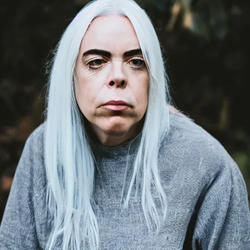 Image similar to dslr photo portrait still of 5 0 year old age 5 0 billie eilish at age 5 0!!!, 8 5 mm f 1. 8