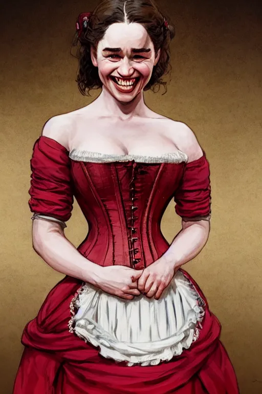 Image similar to Emilia Clarke smiling warmly in a 1800s American Corset in Red Dead Redemption anatomy, detailed face, only two hands, highly detailed, digital painting, artstation, concept art, smooth, sharp focus, illustration, Unreal Engine 5, 8K, art by art by artgerm and greg rutkowski and edgar maxence