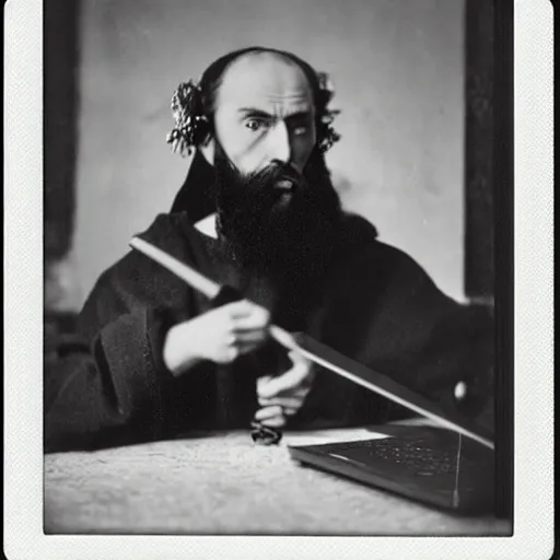 Prompt: Ivan the Terrible in his palace in Moscow working on a MacBook Pro m1, high detail, Polaroid , old photo width 768