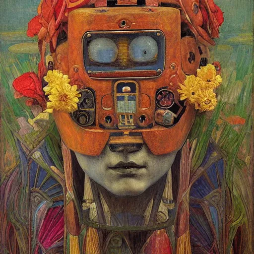 Image similar to masterpiece painting of the head of a robot wearing a mask made of flowers, by annie swynnerton and diego rivera and jean delville, flower mask, symbolist, dramatic lighting, god rays, elaborate geometric ornament, art brut, soft cool colors, smooth, sharp focus, extremely detailed, adolf wolfli