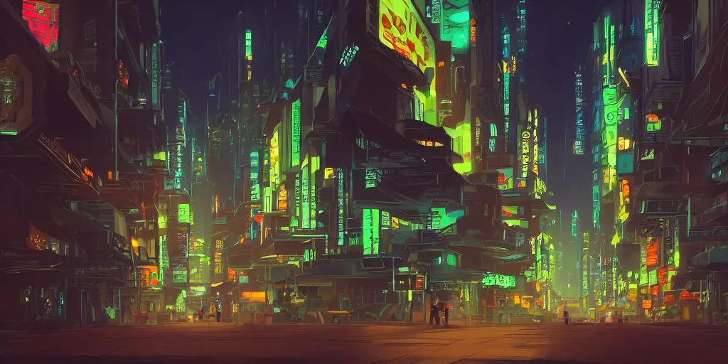 Prompt: a stylized 2 d cinematic keyframe of a cyberpunk city at night, joy gaze, cel - shaded, classical animation, edge - to - edge print, rendered by studio ghibli, artgerm, alyssa monks, andreas rocha, david kassan, neil blevins, rule of thirds, golden ratio, ambient lighting