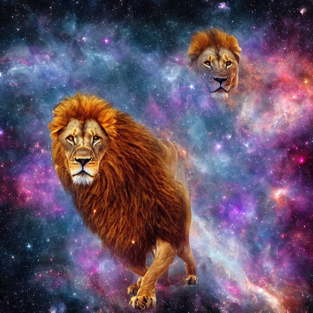 Image similar to lion in a galaxy made of stars, space, nebulas stars,