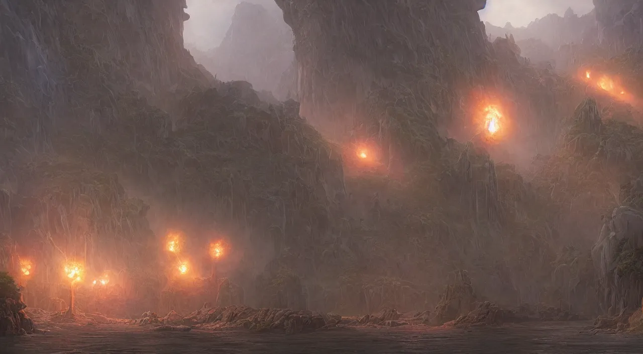 Image similar to technicolor dinosaurs, glowing with magic, surrounded by slate grey walls, matte painting, fantasy art, concept art, greg rutkowski, james gurney, johannes voss, hasui kawase.