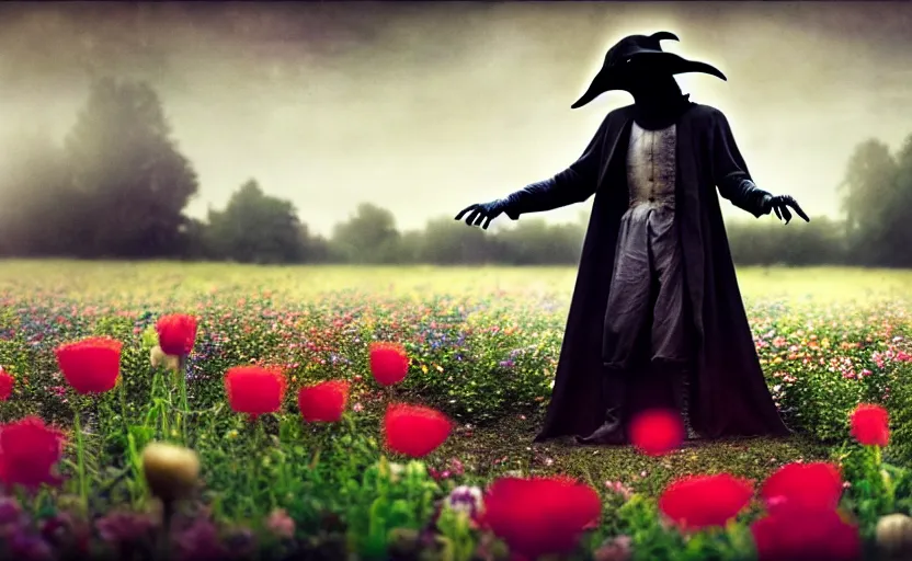 Image similar to a extremely disturbing old forgotten horror photograph of a plague doctor in a field of flowers, hyperrealism, sharp focus, highly detailed, horror cgi 4 k, matte, octane render, cinematography, photo by professional photographer