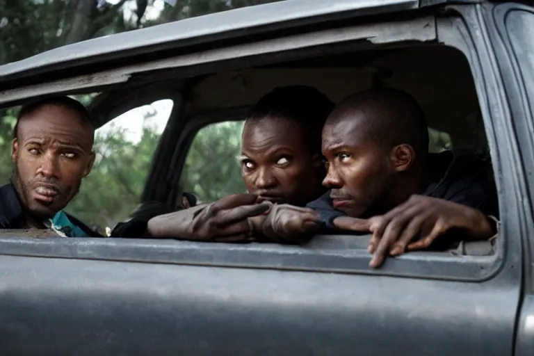 Prompt: movie diverse interracial team of robbers armed with rifles interior van, beautiful skin, natural lighting by Emmanuel Lubezki