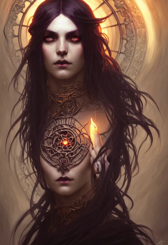 Image similar to Necromancer Sorceress face in center, fantasy magic, undercut hairstyle, dark light night, intricate, elegant, sharp focus, illustration, highly detailed, digital painting, concept art, matte, art by WLOP and Artgerm and Greg Rutkowski and Alphonse Mucha, masterpiece