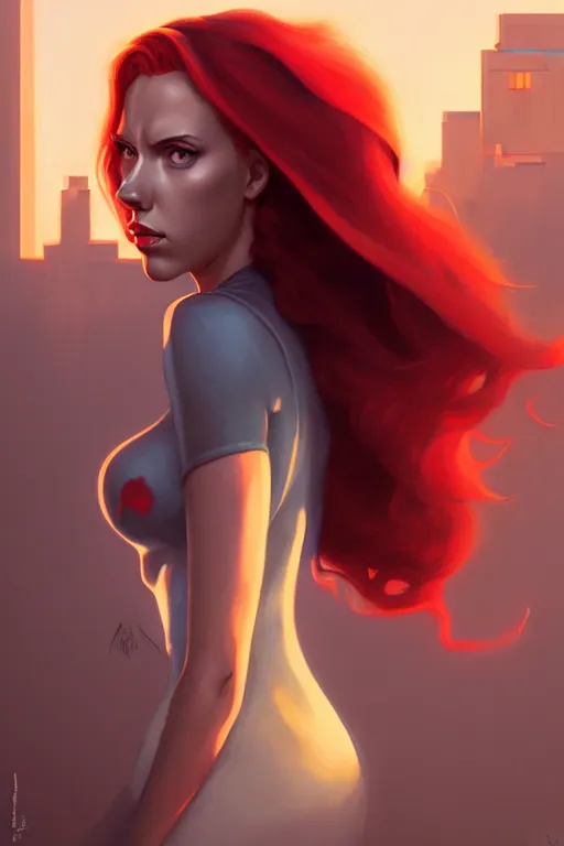 Image similar to peter mohrbacher, phil noto, artgerm, pretty scarlett johansson black widow, symmetrical eyes, long red hair, city rooftop