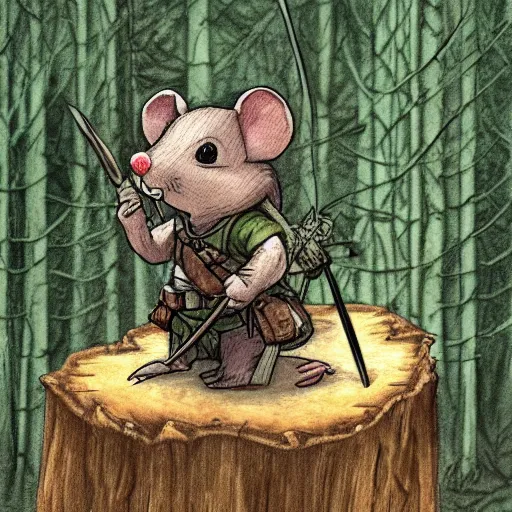 Image similar to Mouse Guard sits on a stump holding a sword, in deep forest, by rivuletpaper, rivuletpaper art, Mouse Guard by David Petersen, mouse photo, small details, realistic illustration, illustrations by Stephen Reid