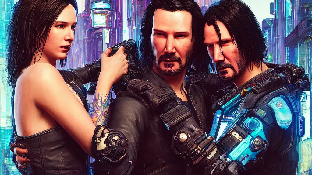 Prompt: a cyberpunk 2077 srcreenshot couple portrait of a Keanu Reeves a female androids in hug,love,film lighting,by Laurie Greasley,Lawrence Alma-Tadema,Dan Mumford,John Wick,Speed,Replicas,artstation,deviantart,FAN ART,full of color,Digital painting,face enhance,highly detailed,8K,octane,golden ratio,cinematic lighting