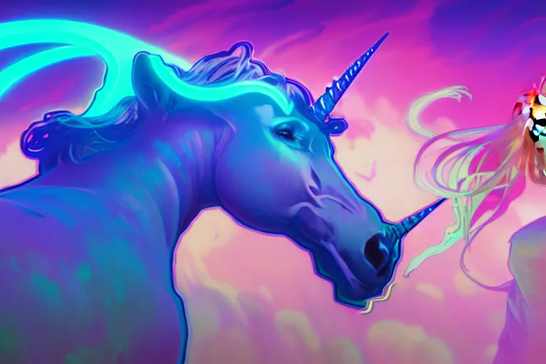 Image similar to wide angle shot of a beautiful neon radiant unicorn, alphonse mucha, rhads, ross tran, artstation, artgem, octane render, 1 6 k