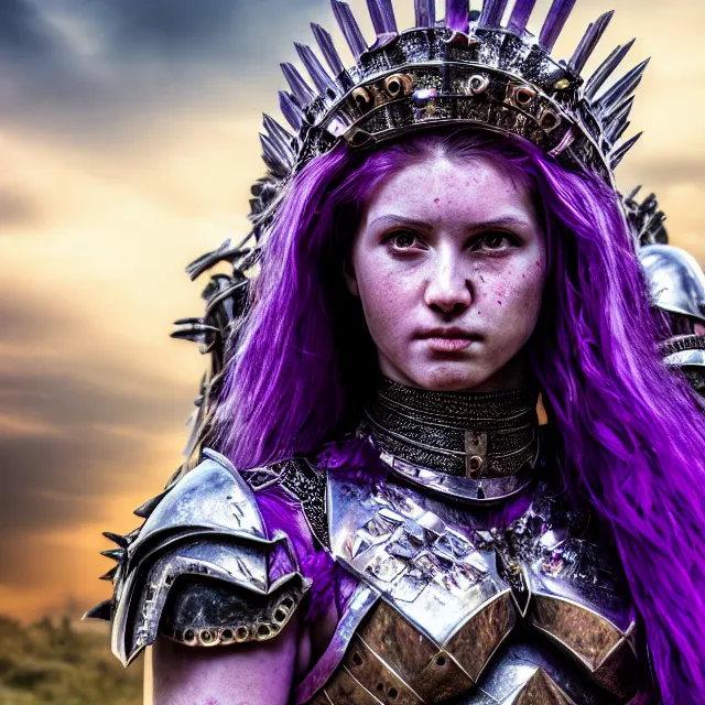 Prompt: photo of a beautiful cute warrior queen wearing amethyst encrusted armour, highly detailed, 4 k, hdr, smooth, sharp focus, high resolution, award - winning photo