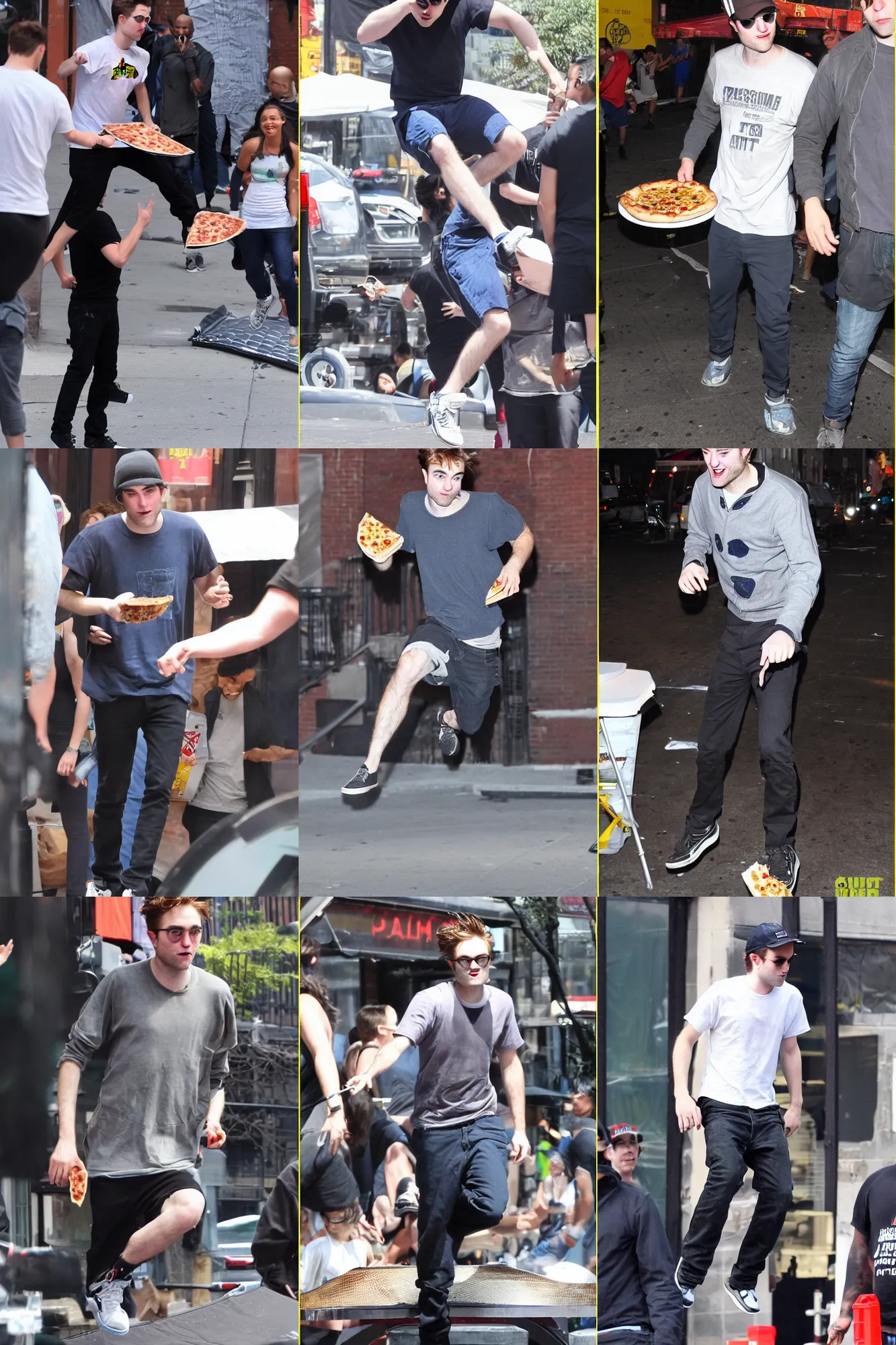 Prompt: robert pattinson eating pizza while jumping on a trampoline in new york city, photography
