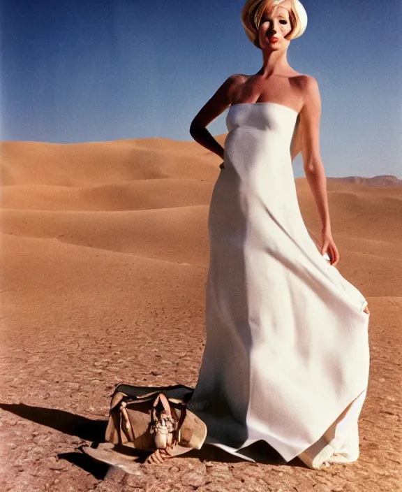 Prompt: blonde woman in the desert, white dress, by norman parkinson