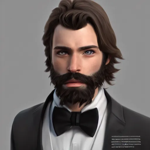 Image similar to a highly detailed portrait of a man, with a brown short beard and hair, blue eyes, wearing a tuxedo, artstation, deviantart, professional, unreal engine 5, photorealistic