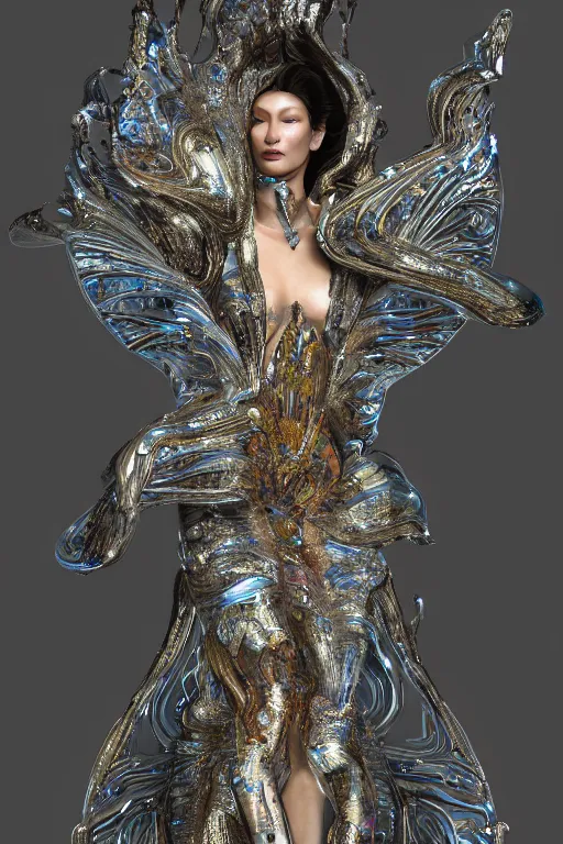 Image similar to a highly detailed metahuman 4 k render of an alien lsd goddess bella hadid in iris van herpen dress schiaparelli in diamonds swarovski and jewelry in style of alphonse mucha gustav klimt trending on artstation made in unreal engine 4