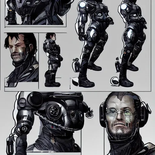 Prompt: character sheet of Astronaut from Kojima Productions by Yoji Shinkawa with Artgem and Glenn Fabry, trending on Artstation concept arts