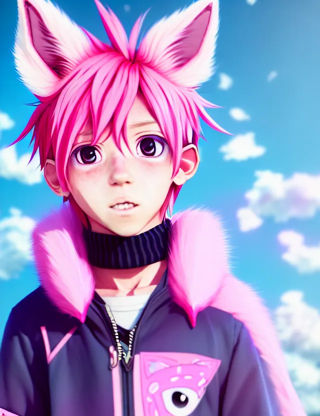 Prompt: portrait of a cute anime boy with pink hair and pink wolf ears and pink wolf tail wearing stylish clothes | | very detailed digital painting, trending on artstation, octane render, random artists
