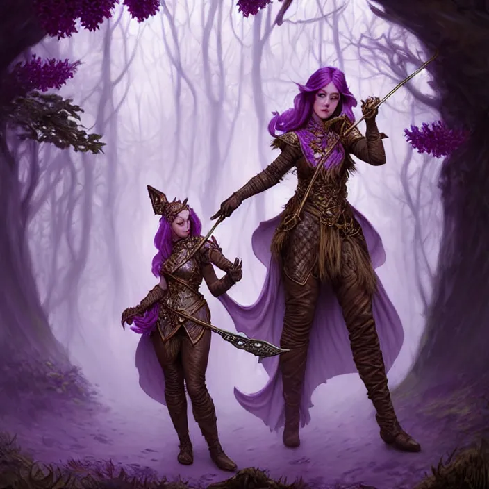 Prompt: d & d bard with her lilac leather armor in a forest, volumetric lighting, fantasy, intricate, elegant, highly detailed, lifelike, photorealistic, digital painting, artstation, fox ears illustration, concept art, sharp focus, by john collier and albert aublet and krenz cushart and artem demura and alphonse mucha