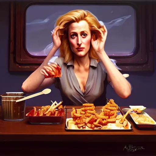 Prompt: Gillian Anderson eating triple big macs, dripping BBQ Sauce, serving big macs, D&D, spilling ketchup, fantasy, intricate, elegant, highly detailed, digital painting, artstation, concept art, matte, sharp focus, illustration, hearthstone, art by Artgerm and Greg Rutkowski and Alphonse Mucha