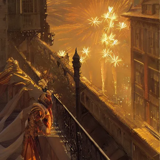 Image similar to a beautiful realistic painting of a firework festival on a balcony at night, intricate, elegant, highly detailed, digital painting, artstation, nier automata concept artsyle, by krenzcushart, artem demura, makoto shinkai, alphonse mucha