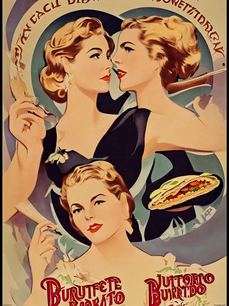 Image similar to Beautiful matte art nouveau advertisement from the distant future for the ultimate everything burrito. Detailed advertisement for a delicious everything burrito by Victor Horta featuring Grace Kelly. This burrito will change your life. Sultry, youthful, extreme beauty. Beautifully detailed poster art advertisement. perfect composition. perfection of burrito form. Extra toppings.