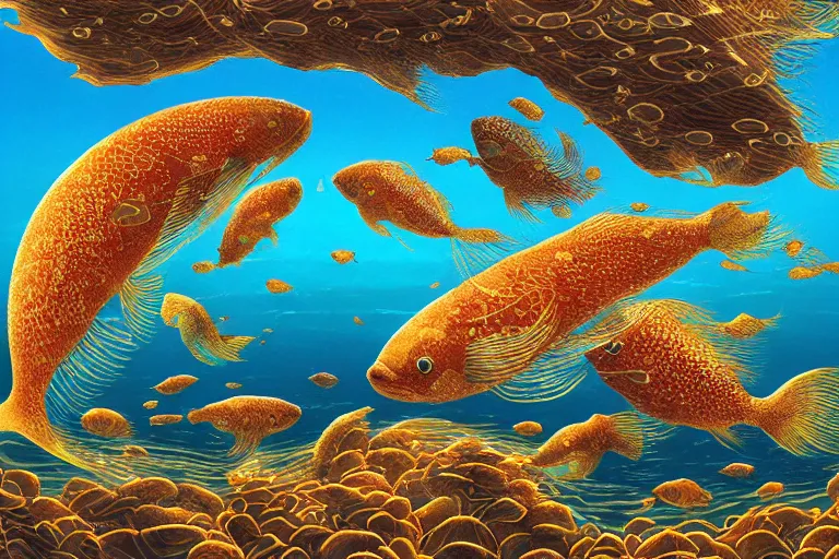 Image similar to portrait of goldfishes swarming the ocean. shadow and light. rays of light. energetic, dynamic, lively, detailed, intricate, complex. fine art by hayao miyazaki, akira toriyama, makoto shinkai, and ohara koson.