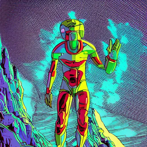 Prompt: a vibrant science fiction fantasy man made from a mountain, scene from'the very pulse of the machine'by polygon pictures, highly detailed, remodernism, cel - shaded, colored screentone, digitally enhanced.