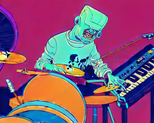 Image similar to a study of cell shaded cartoon of a two man band playing a synthesizer and drums, loud colors, post grunge, concept art by josan gonzales and wlop, by james jean, Victo ngai, David Rubín, Mike Mignola, Laurie Greasley, highly detailed, sharp focus, Trending on Artstation, HQ, deviantart, art by artgem