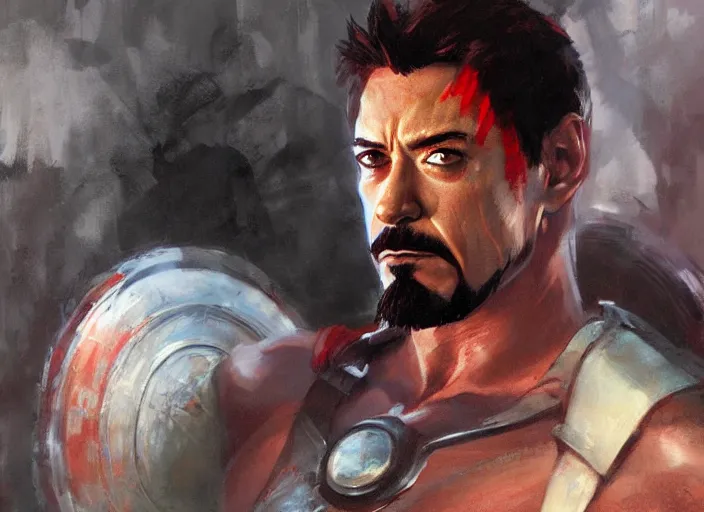 Prompt: a highly detailed beautiful portrait of tony stark as kratos, by gregory manchess, james gurney, james jean