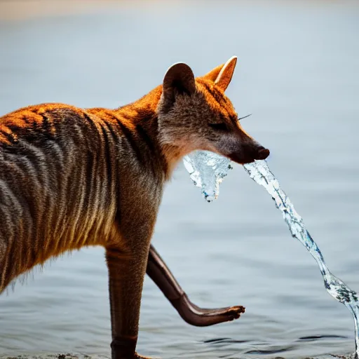 Image similar to close up photo of a rare thylacine, drinking water from a lake in tasmania, bokeh, 1 0 0 mm lens, 4 k award winning nature photography