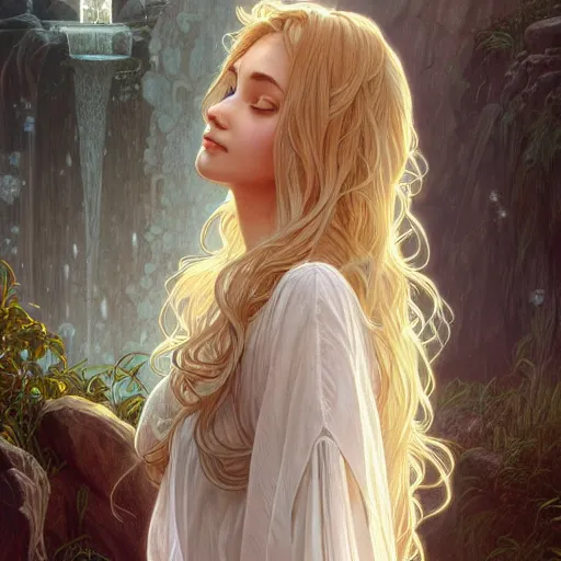 Image similar to long shot, woman posing, short wavy hair, round face, intricate white dress, cottagecore!!, inside water, intricate, enlightened, highly detailed, digital painting, artstation, concept art, smooth, sharp focus, illustration, art by artgerm and greg rutkowski and alphonse mucha